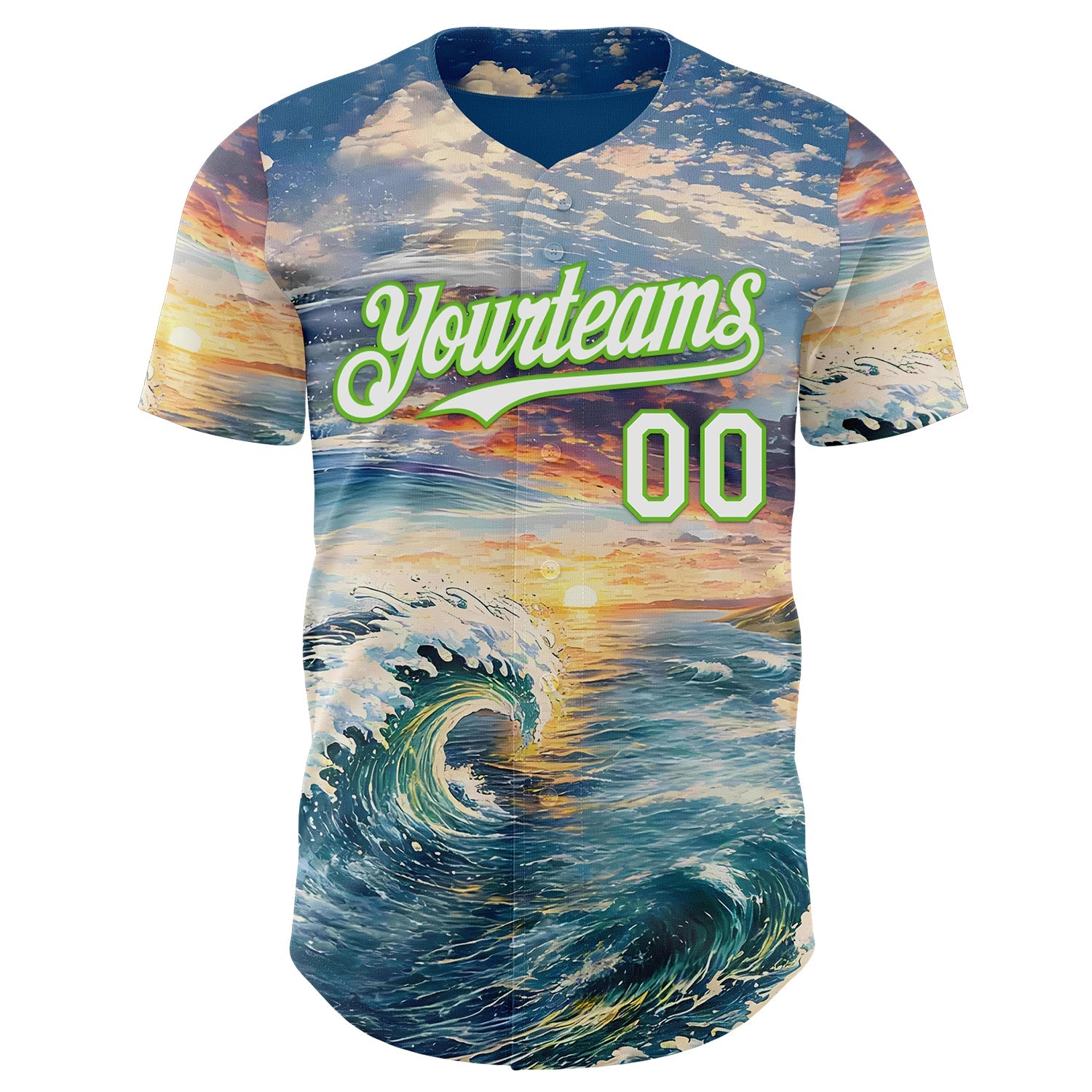 Custom Blue White-Aurora Green Japanese Wave Authentic Baseball Jersey view 2