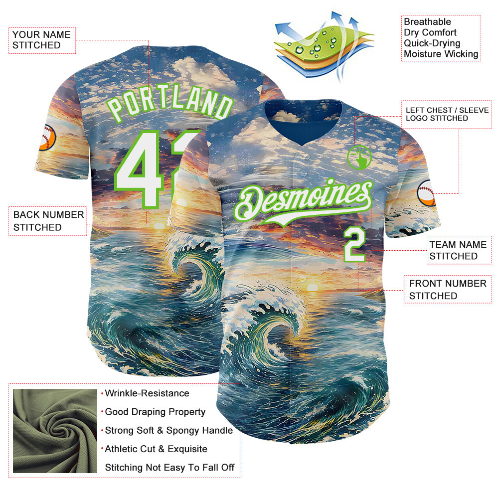 Custom Blue White-Aurora Green Japanese Wave Authentic Baseball Jersey view 3
