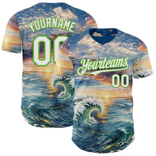 Custom Blue White-Aurora Green Japanese Wave Authentic Baseball Jersey - Main View