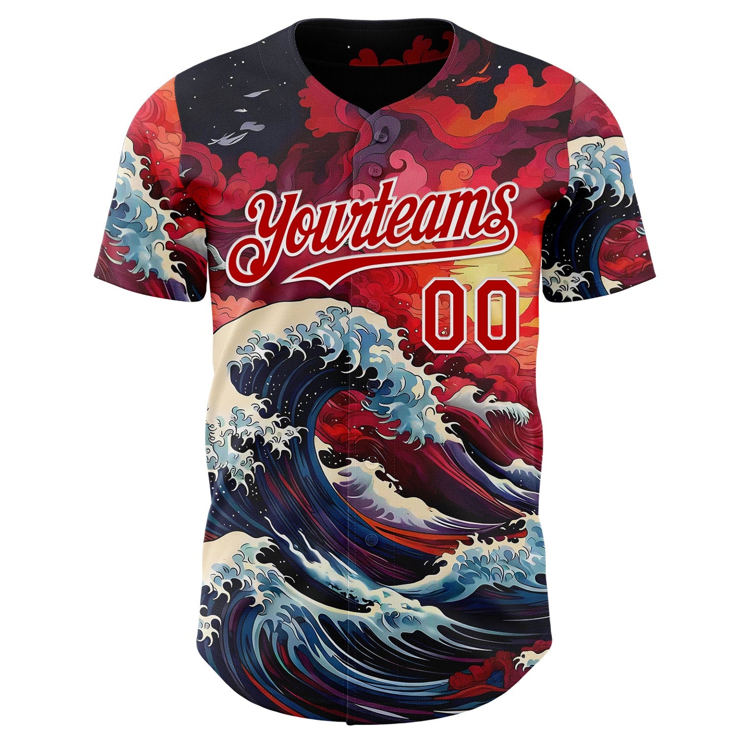 Custom Red-White Japanese Wave Authentic Baseball Jersey view 2