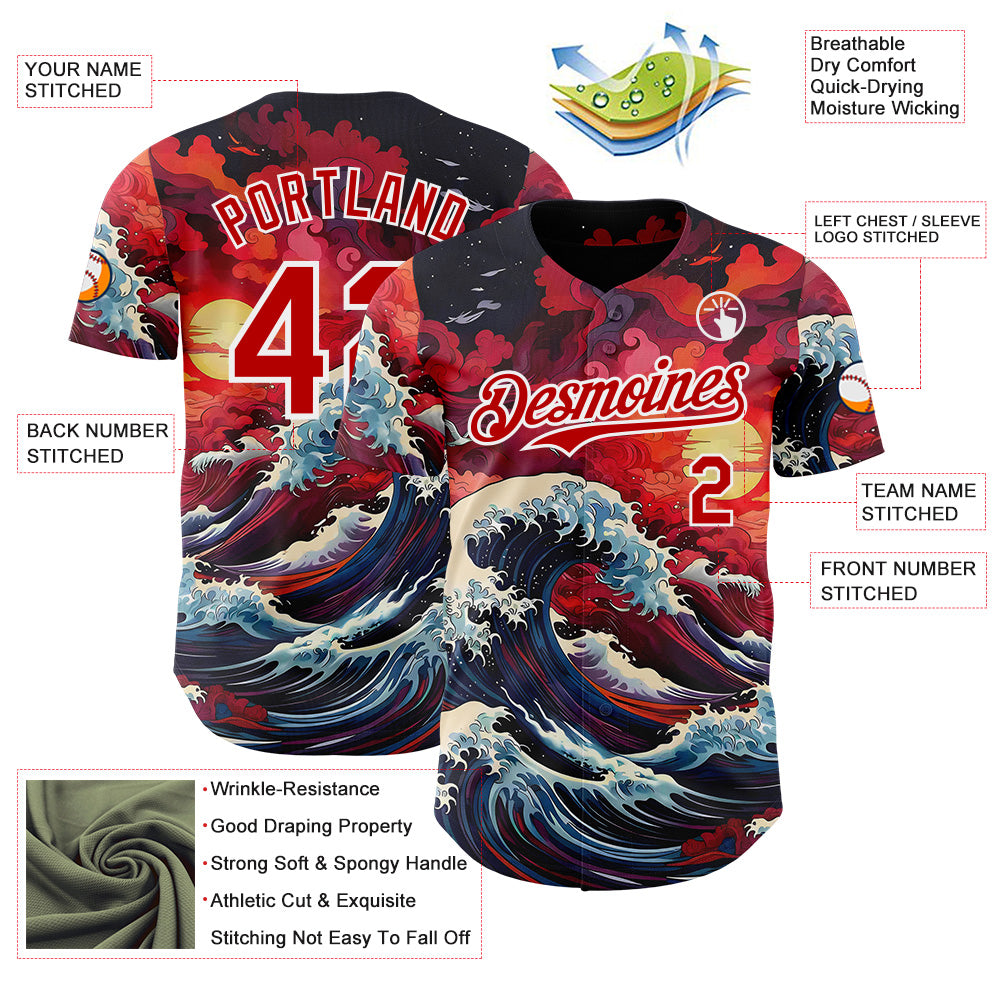 Custom Red-White Japanese Wave Authentic Baseball Jersey view 3
