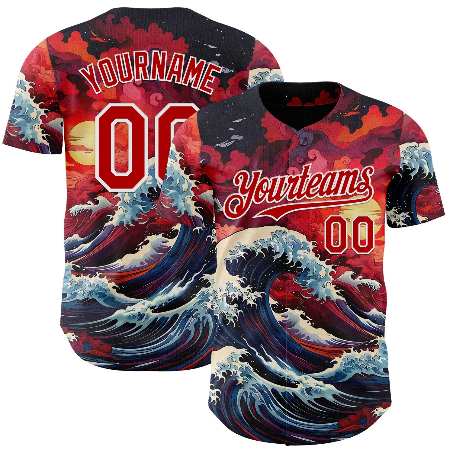 Custom Red-White Japanese Wave Authentic Baseball Jersey - Main View