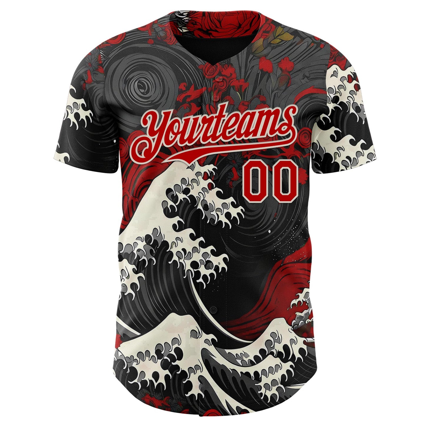 Custom Black Red-Cream Japanese Wave Authentic Baseball Jersey view 2