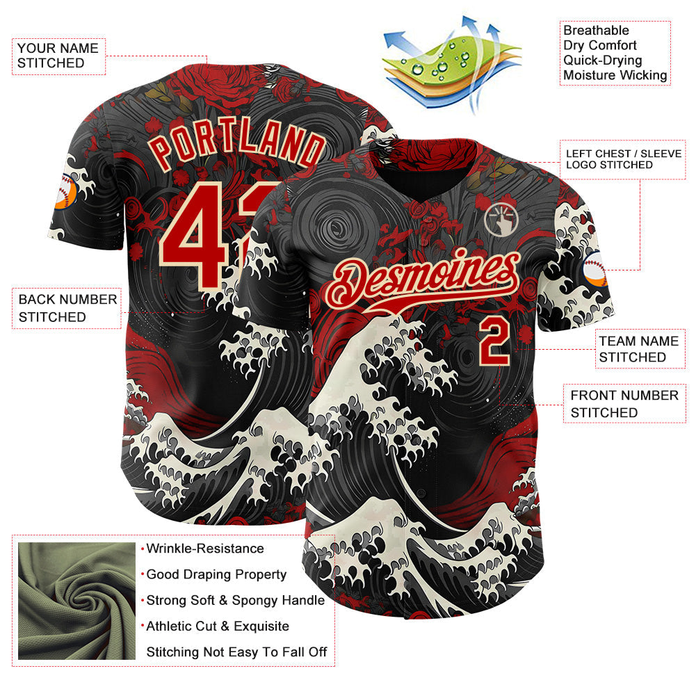 Custom Black Red-Cream Japanese Wave Authentic Baseball Jersey view 3
