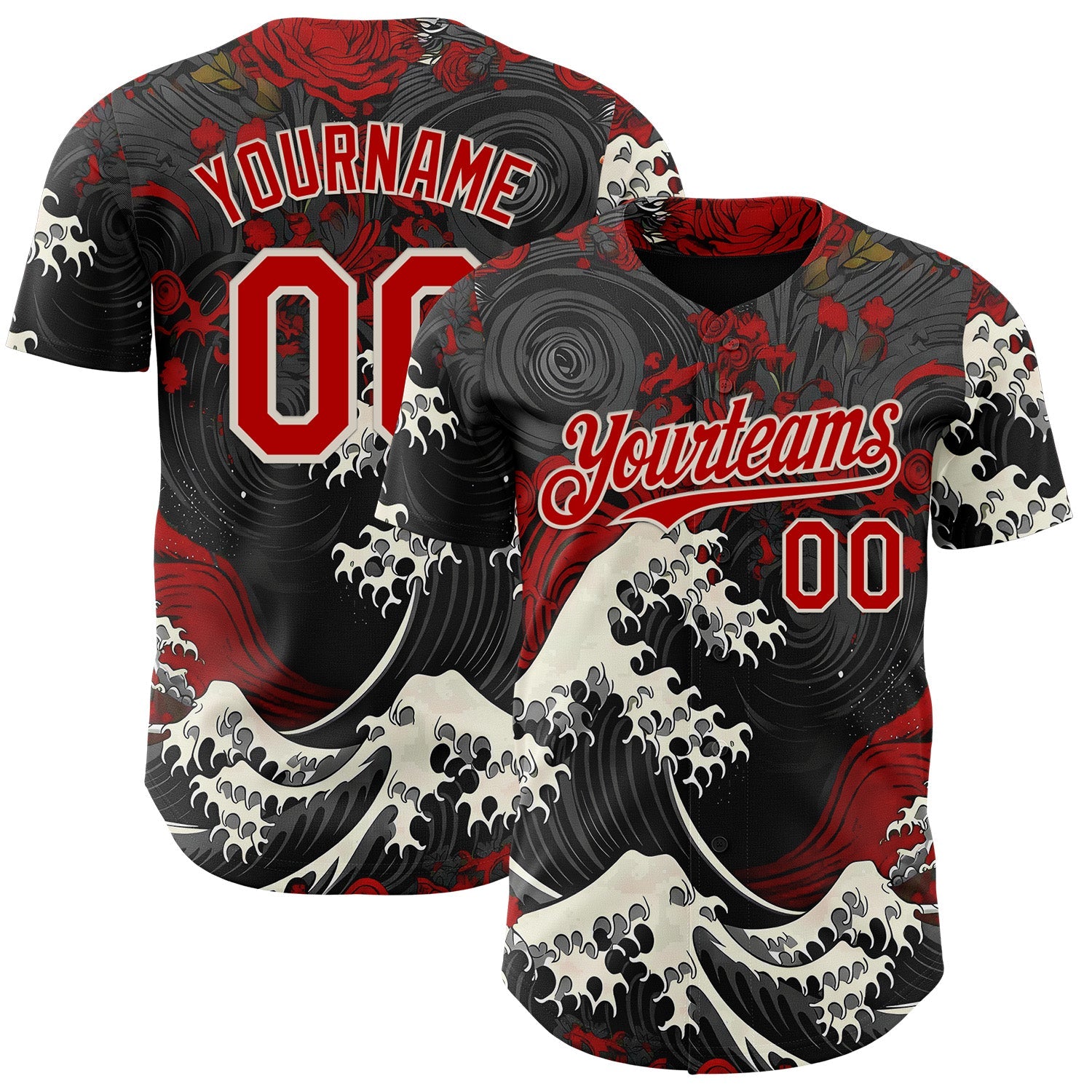 Custom Black Red-Cream Japanese Wave Authentic Baseball Jersey - Main View