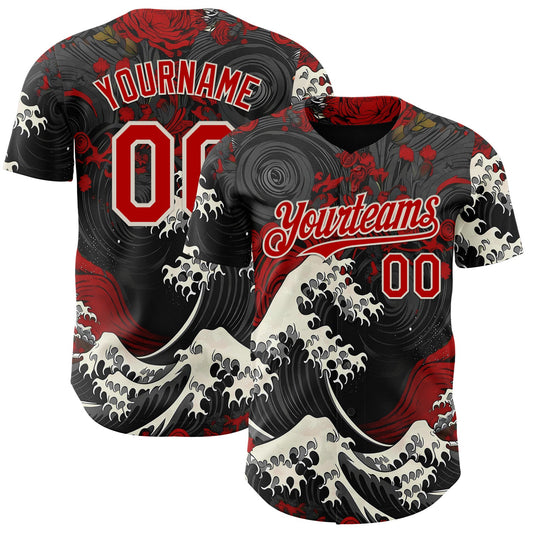 Custom Black Red-Cream Japanese Wave Authentic Baseball Jersey - Main View
