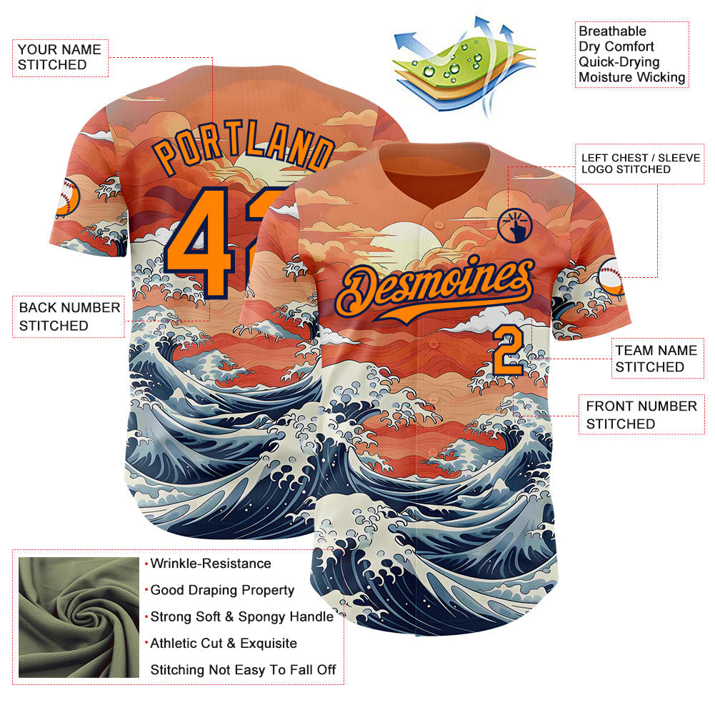 Custom Bay Orange-Navy Japanese Wave Authentic Baseball Jersey view 3