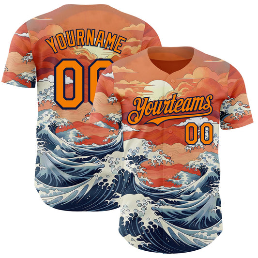 Custom Bay Orange-Navy Japanese Wave Authentic Baseball Jersey - Main View