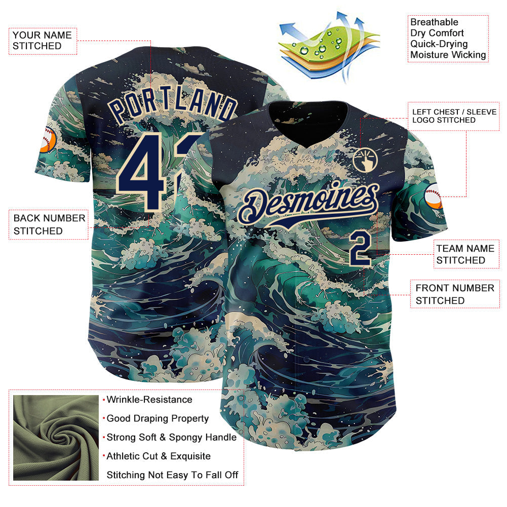 Custom Blue Navy-Cream Japanese Wave Authentic Baseball Jersey view 3