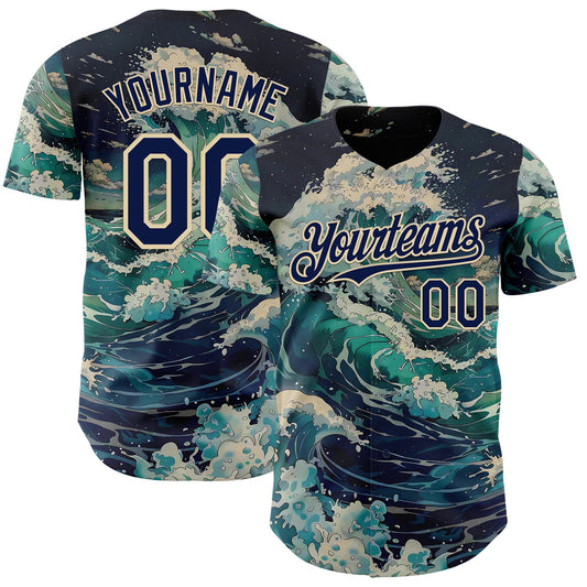 Custom Blue Navy-Cream Japanese Wave Authentic Baseball Jersey - Main View