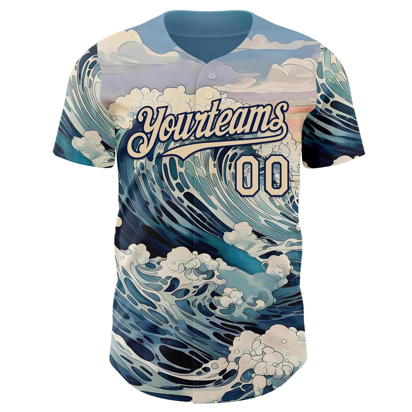Custom Blue City Cream-Navy Japanese Wave Authentic Baseball Jersey view 2