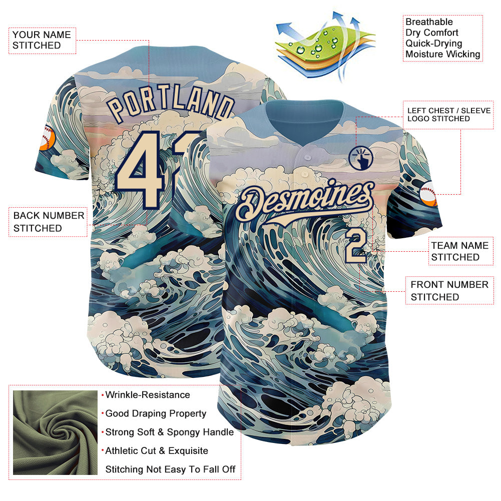 Custom Blue City Cream-Navy Japanese Wave Authentic Baseball Jersey view 3