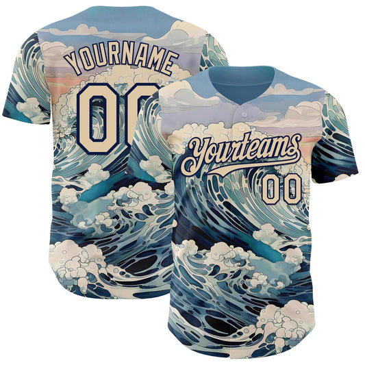 Custom Blue City Cream-Navy Japanese Wave Authentic Baseball Jersey - Main View