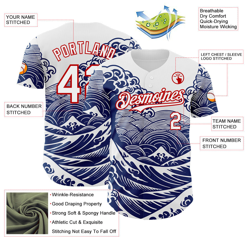Custom White-Red Japanese Wave Authentic Baseball Jersey view 3
