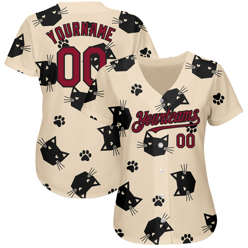 Custom Cream Crimson-Black 3D Pattern Design Cat Authentic Baseball Jersey view 2