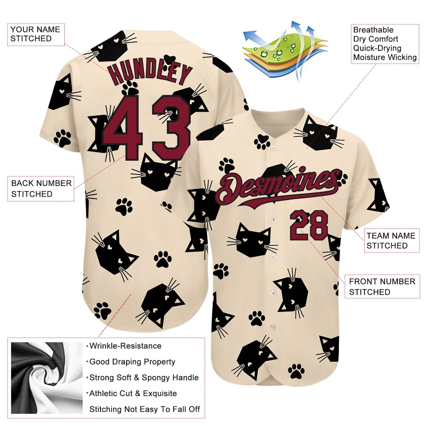 Custom Cream Crimson-Black 3D Pattern Design Cat Authentic Baseball Jersey view 3
