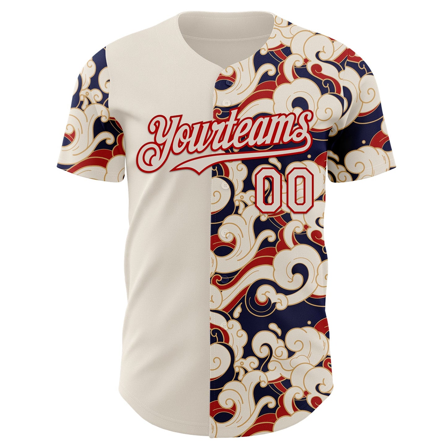 Custom Cream-Red Japanese Wave Authentic Baseball Jersey view 2