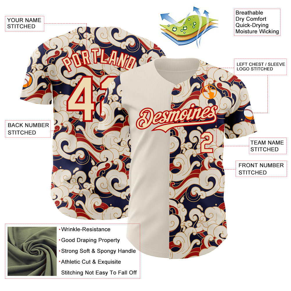 Custom Cream-Red Japanese Wave Authentic Baseball Jersey view 3
