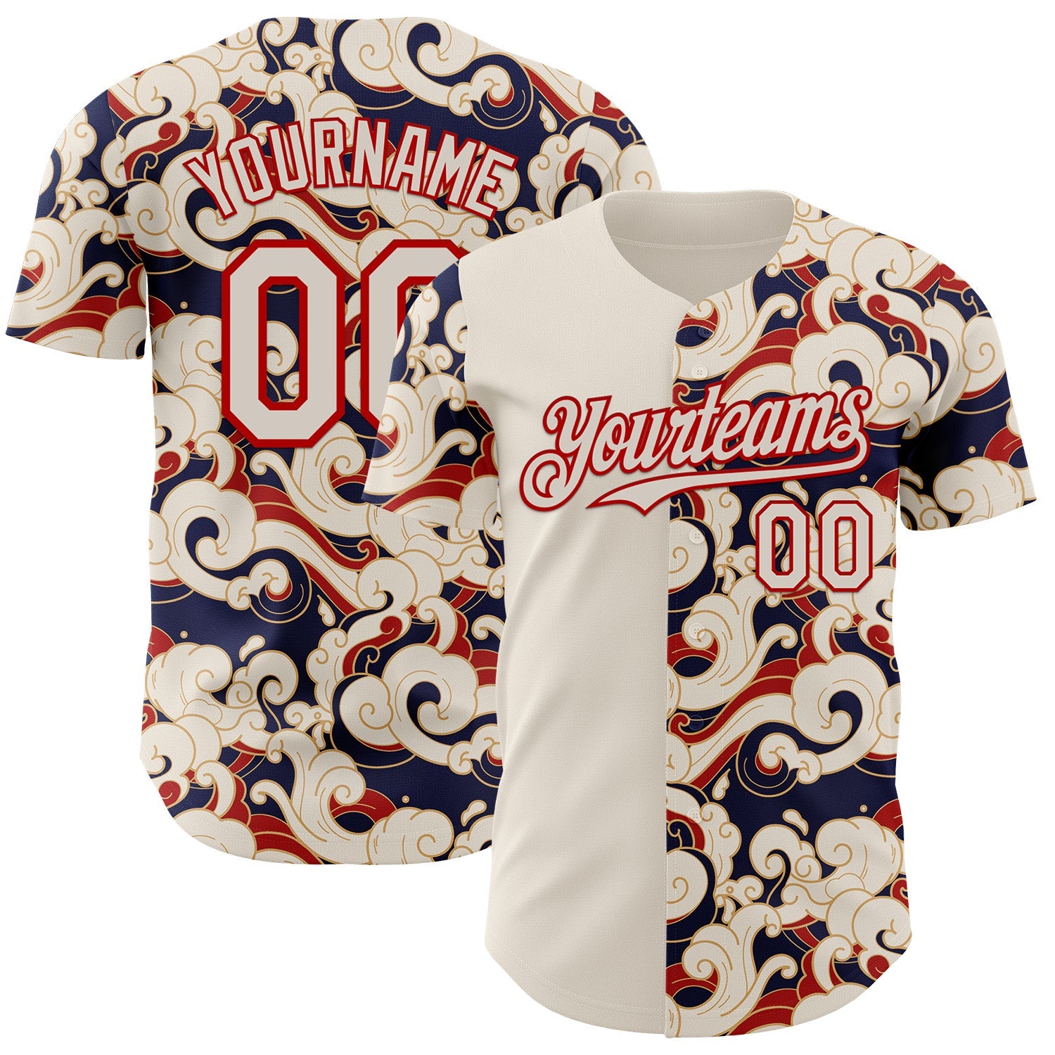 Custom Cream-Red Japanese Wave Authentic Baseball Jersey - Main View