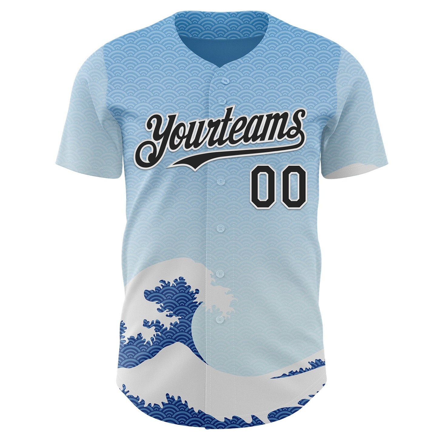Custom Blue Black-White Japanese Wave Authentic Baseball Jersey view 2
