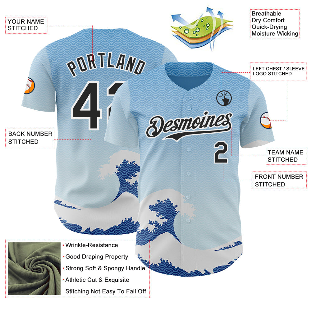 Custom Blue Black-White Japanese Wave Authentic Baseball Jersey view 3