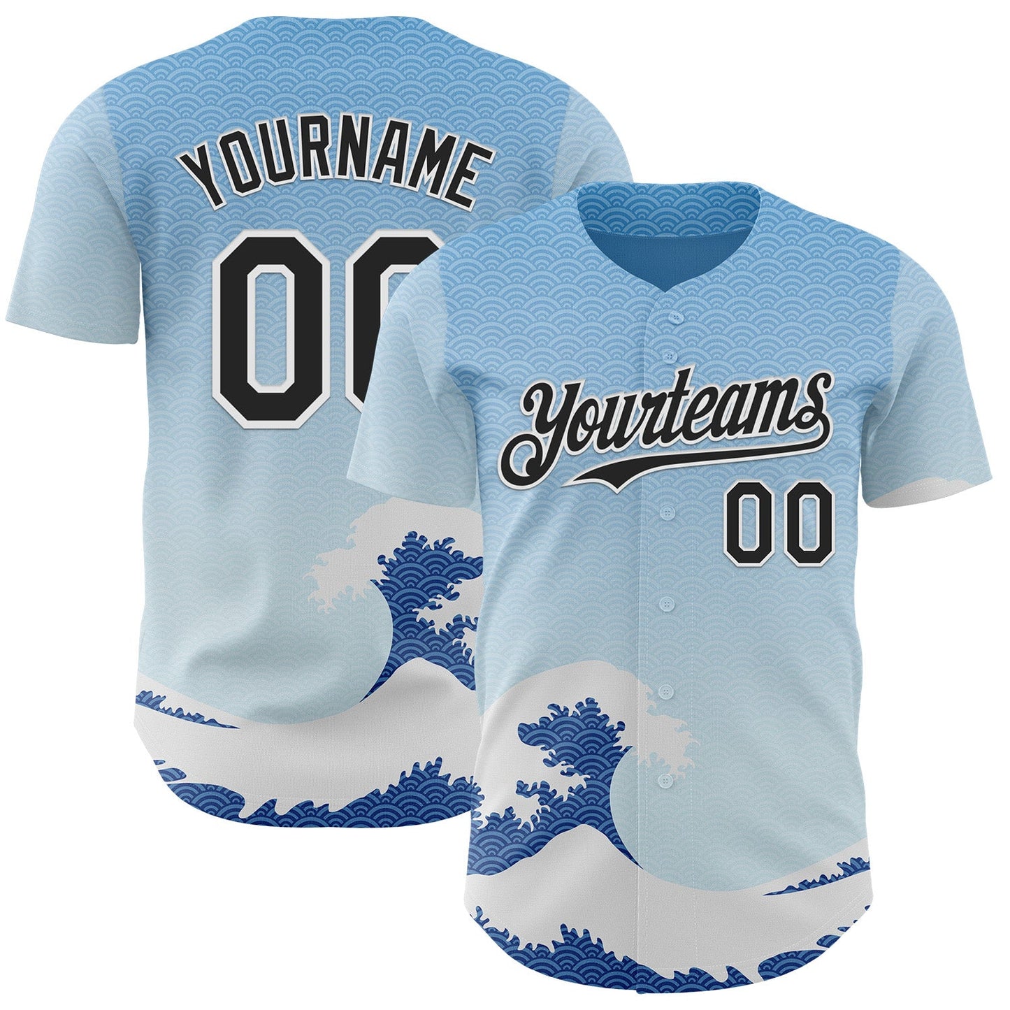 Custom Blue Black-White Japanese Wave Authentic Baseball Jersey - Main View
