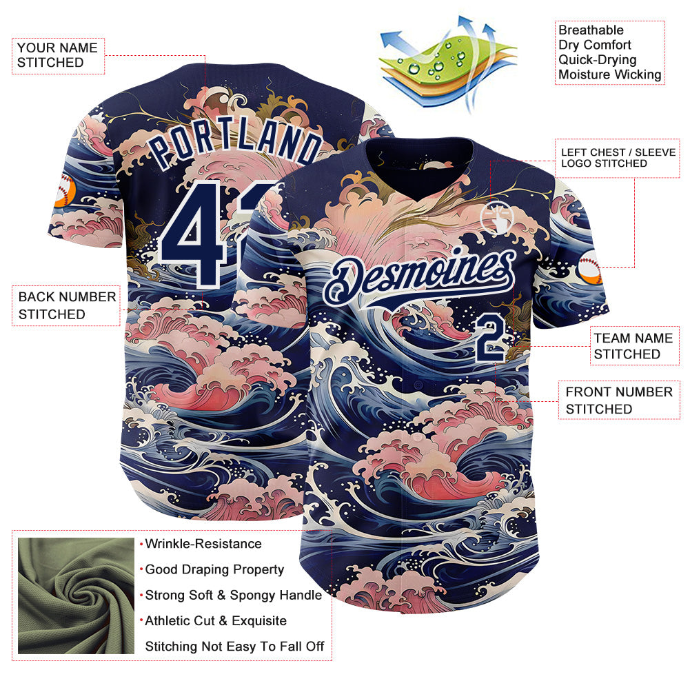 Custom Blue Navy-White Japanese Pastel Wave Authentic Baseball Jersey view 3