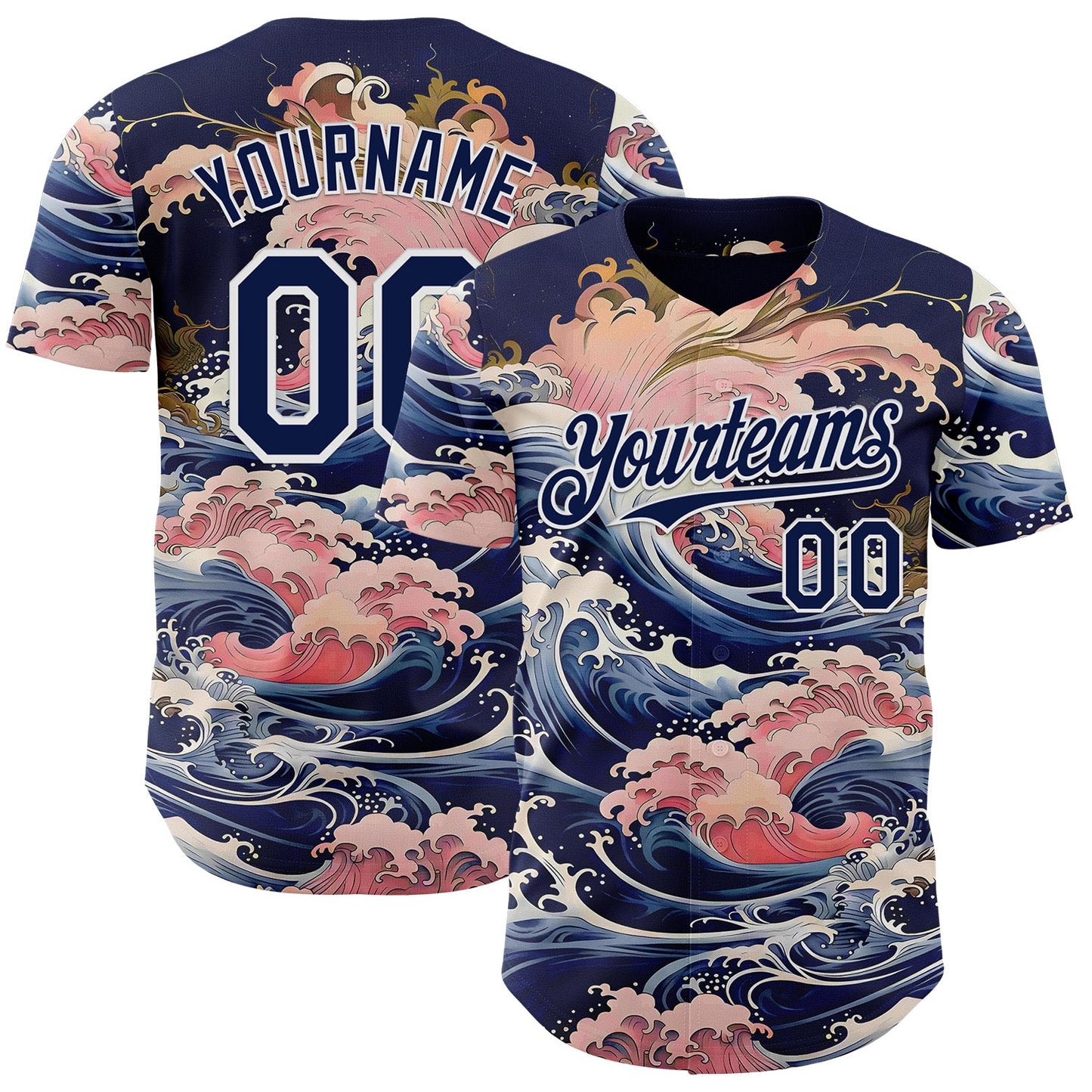 Custom Blue Navy-White Japanese Pastel Wave Authentic Baseball Jersey - Main View