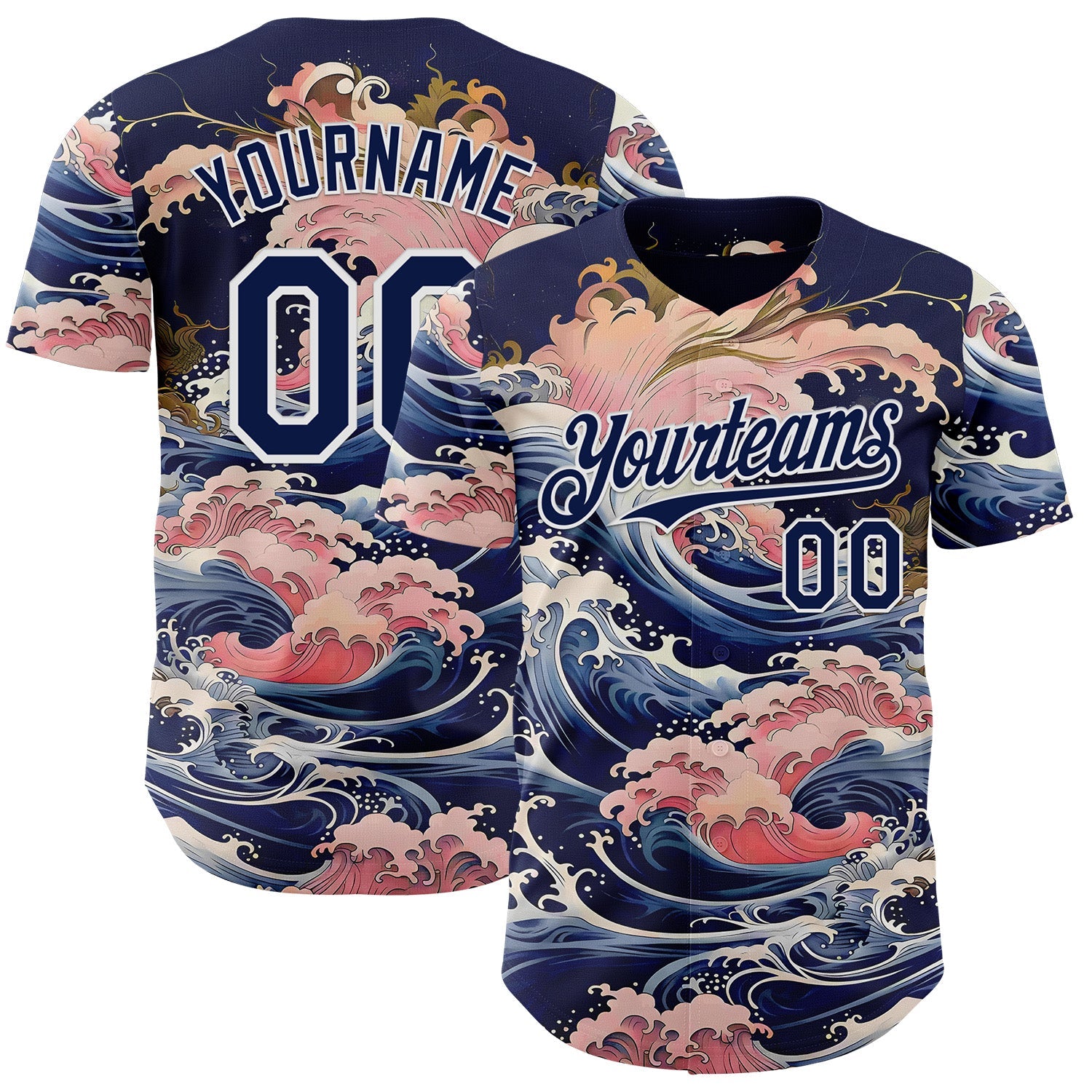 Custom Blue Navy-White Japanese Pastel Wave Authentic Baseball Jersey - Main View