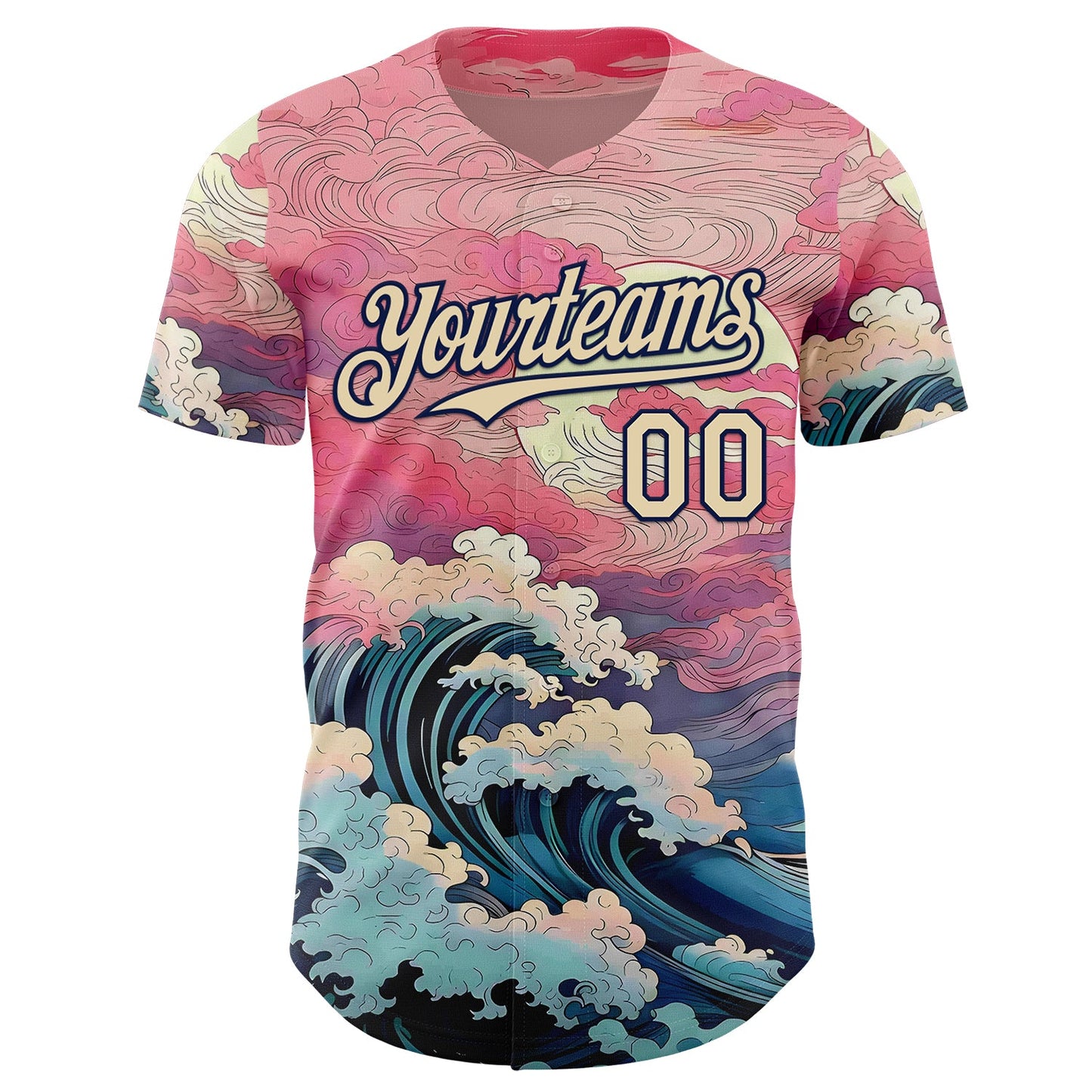 Custom Pink Cream-Navy Japanese Pastel Wave Authentic Baseball Jersey view 2