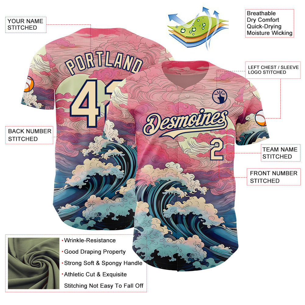 Custom Pink Cream-Navy Japanese Pastel Wave Authentic Baseball Jersey view 3