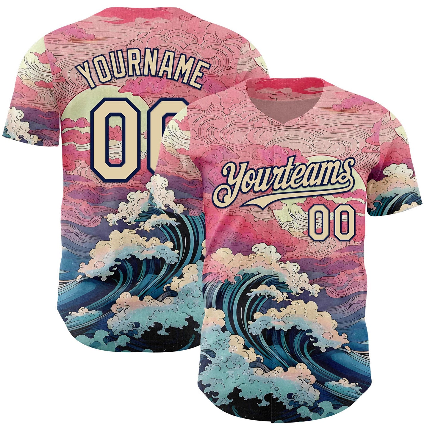 Custom Pink Cream-Navy Japanese Pastel Wave Authentic Baseball Jersey - Main View