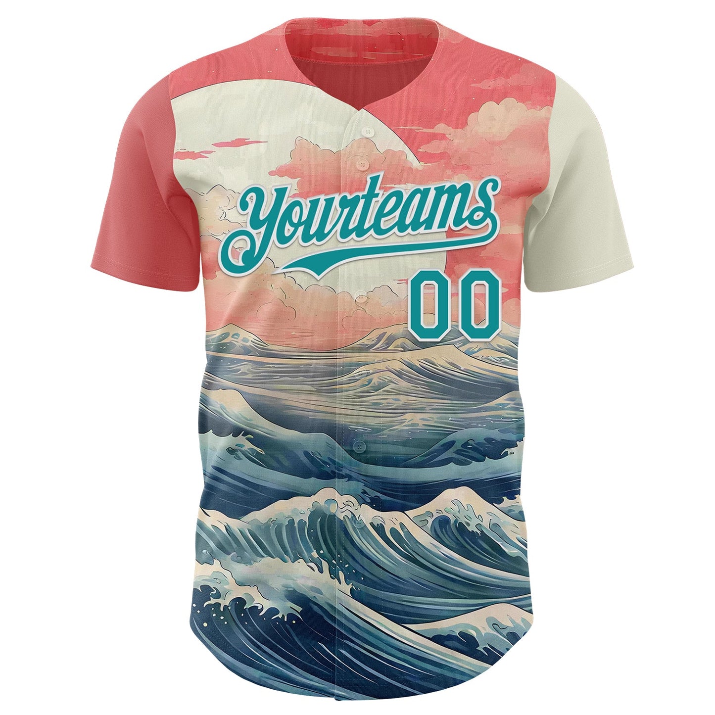 Custom Pink Teal-White Japanese Pastel Wave Authentic Baseball Jersey view 2