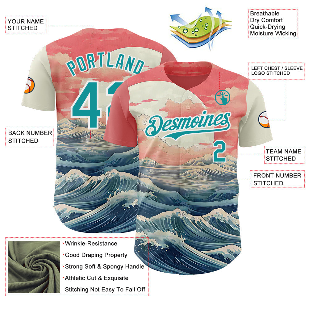 Custom Pink Teal-White Japanese Pastel Wave Authentic Baseball Jersey view 3