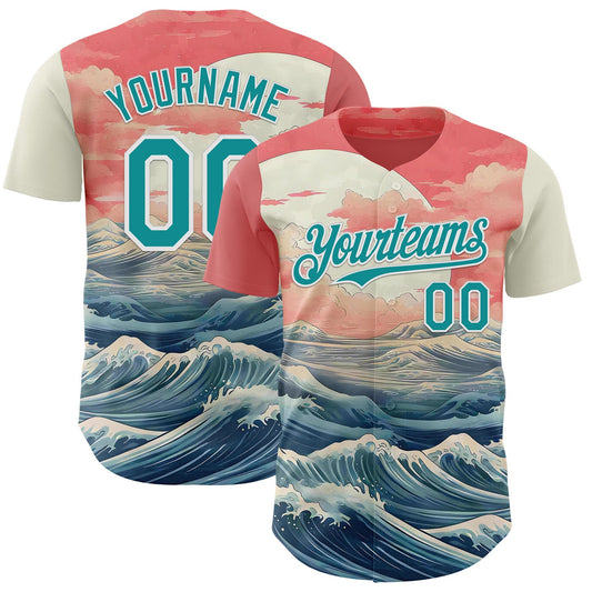 Custom Pink Teal-White Japanese Pastel Wave Authentic Baseball Jersey - Main View