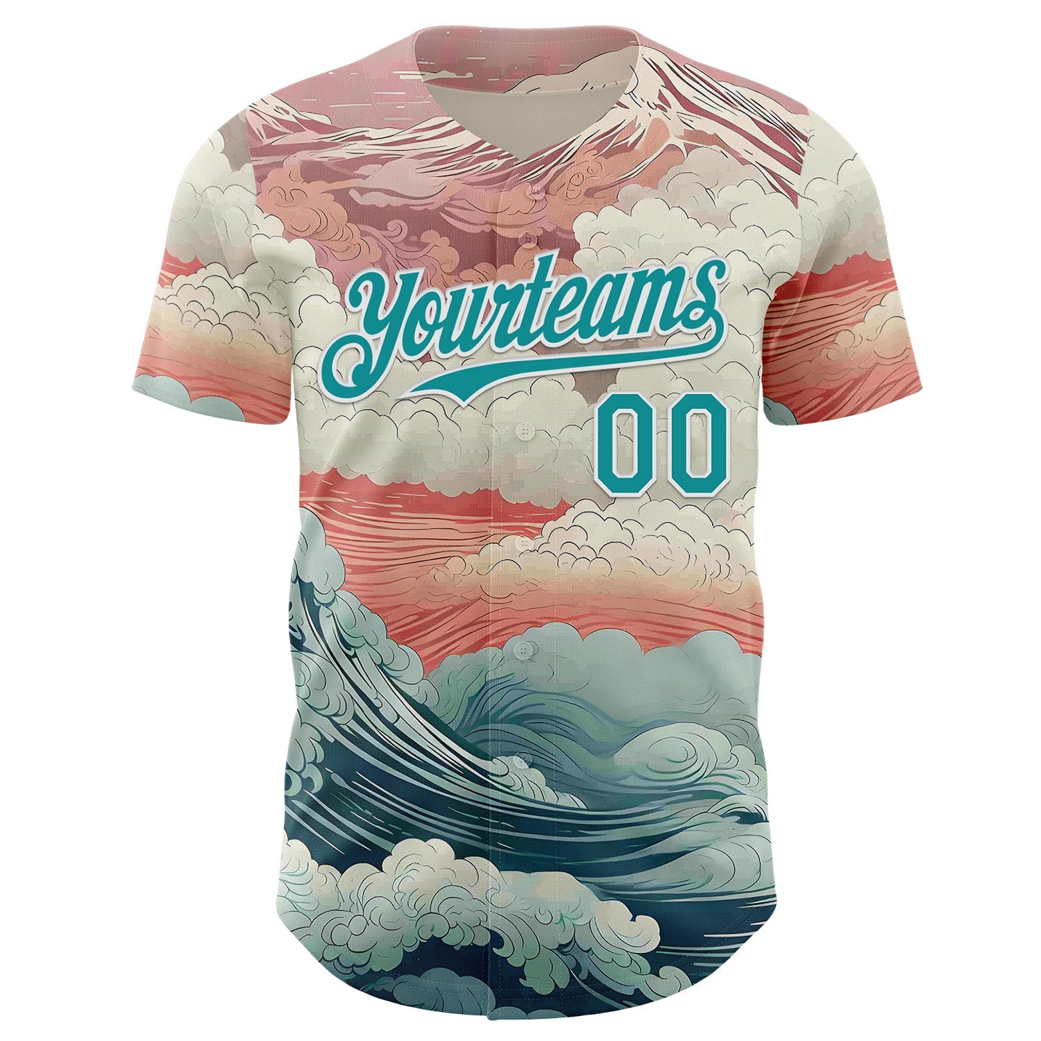 Custom Pink Teal-White Japanese Pastel Wave Authentic Baseball Jersey view 2