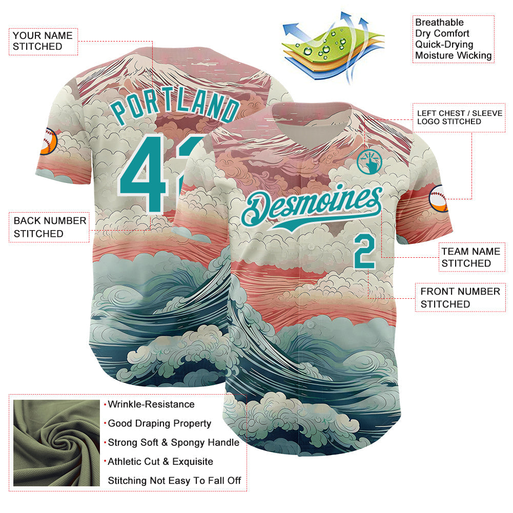 Custom Pink Teal-White Japanese Pastel Wave Authentic Baseball Jersey view 3