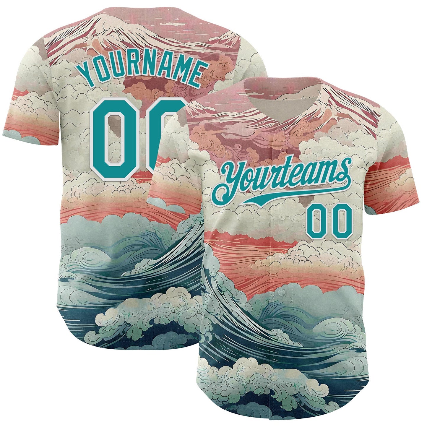 Custom Pink Teal-White Japanese Pastel Wave Authentic Baseball Jersey - Main View