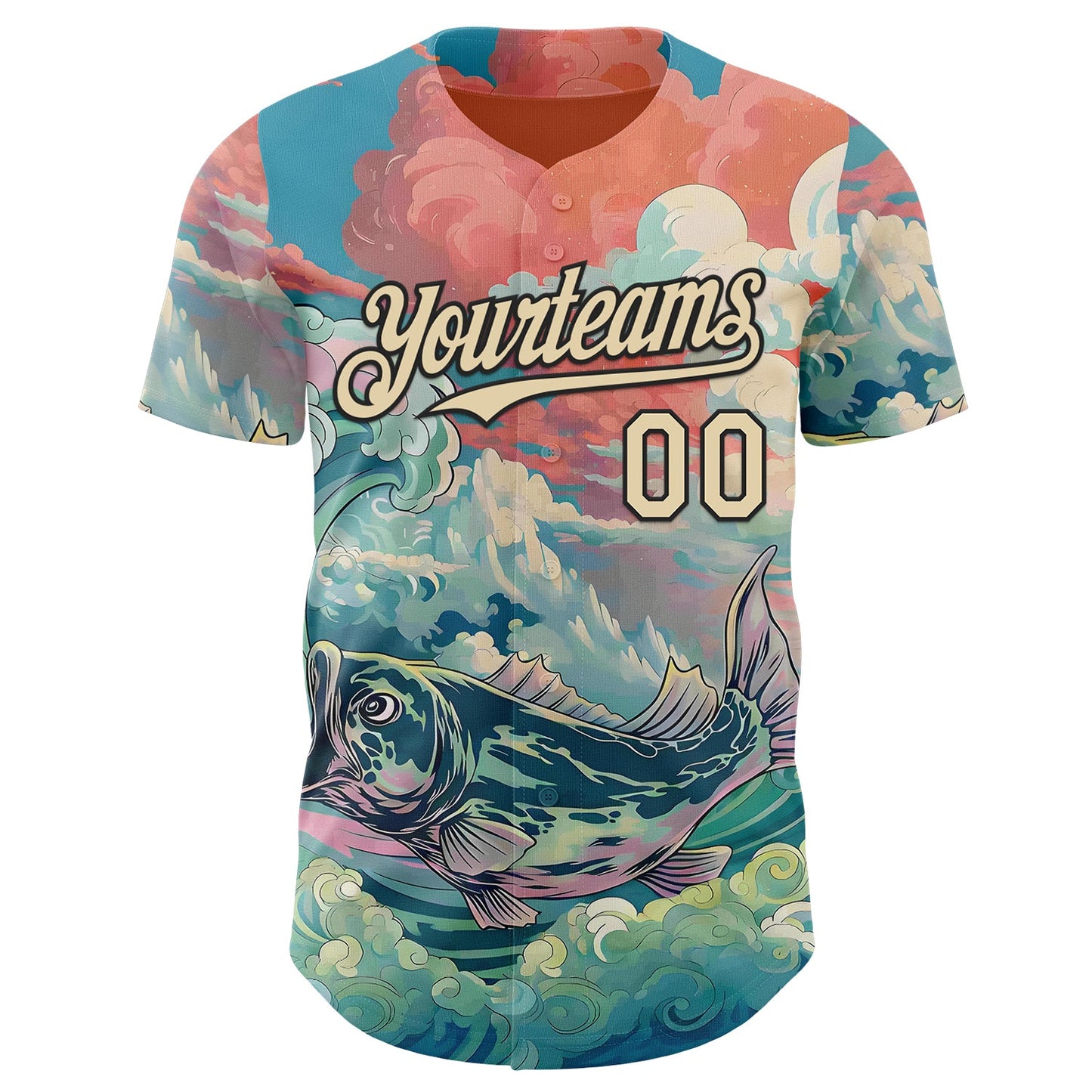 Custom Pink Cream-Black Japanese Wave Fish Authentic Baseball Jersey view 2