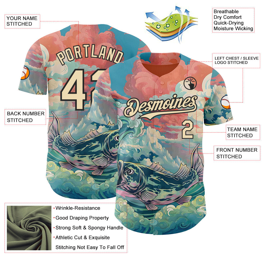 Custom Pink Cream-Black Japanese Wave Fish Authentic Baseball Jersey view 3