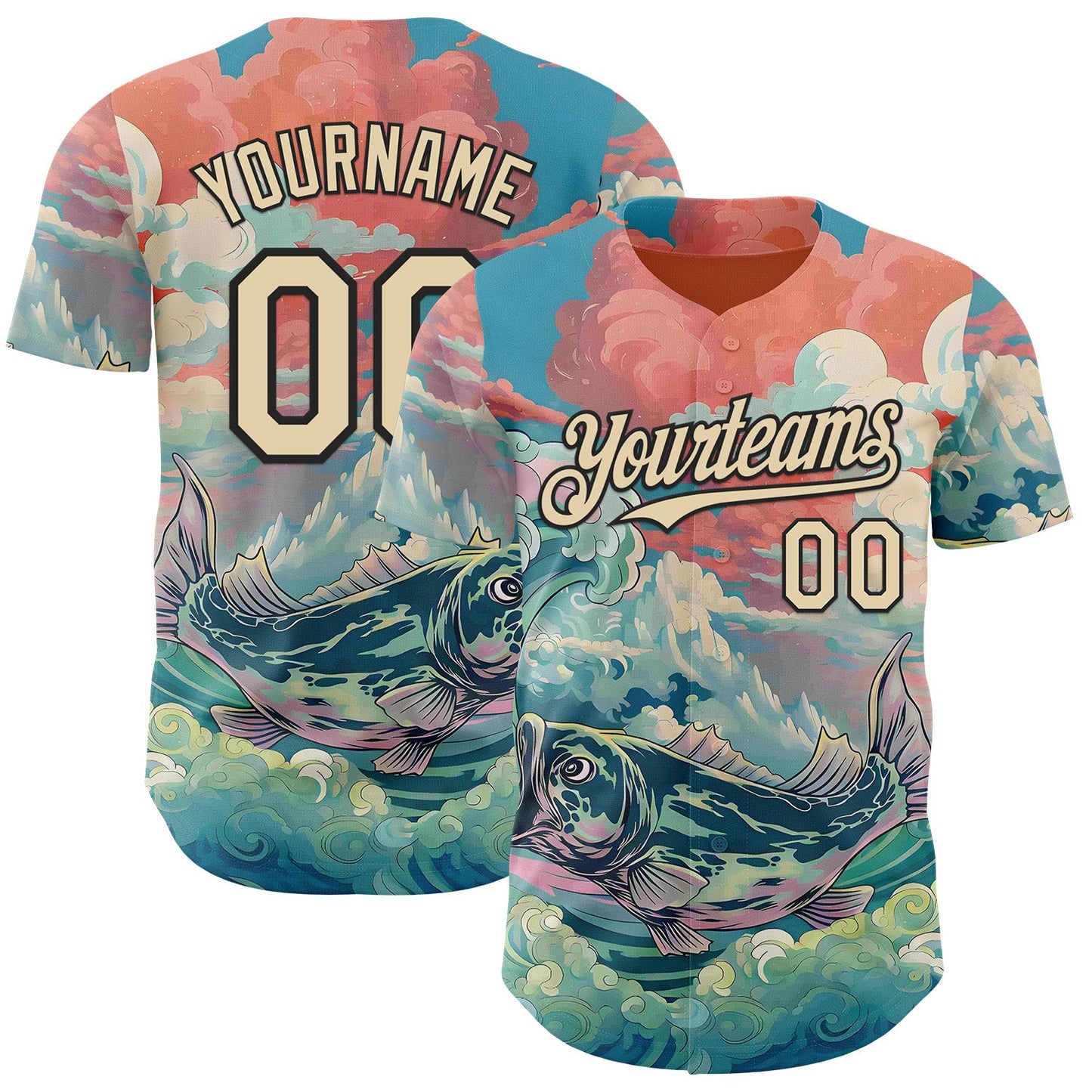 Custom Pink Cream-Black Japanese Wave Fish Authentic Baseball Jersey - Main View