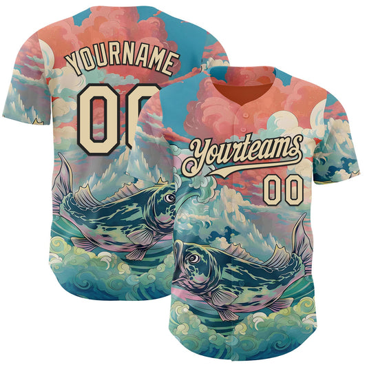 Custom Pink Cream-Black Japanese Wave Fish Authentic Baseball Jersey - Main View