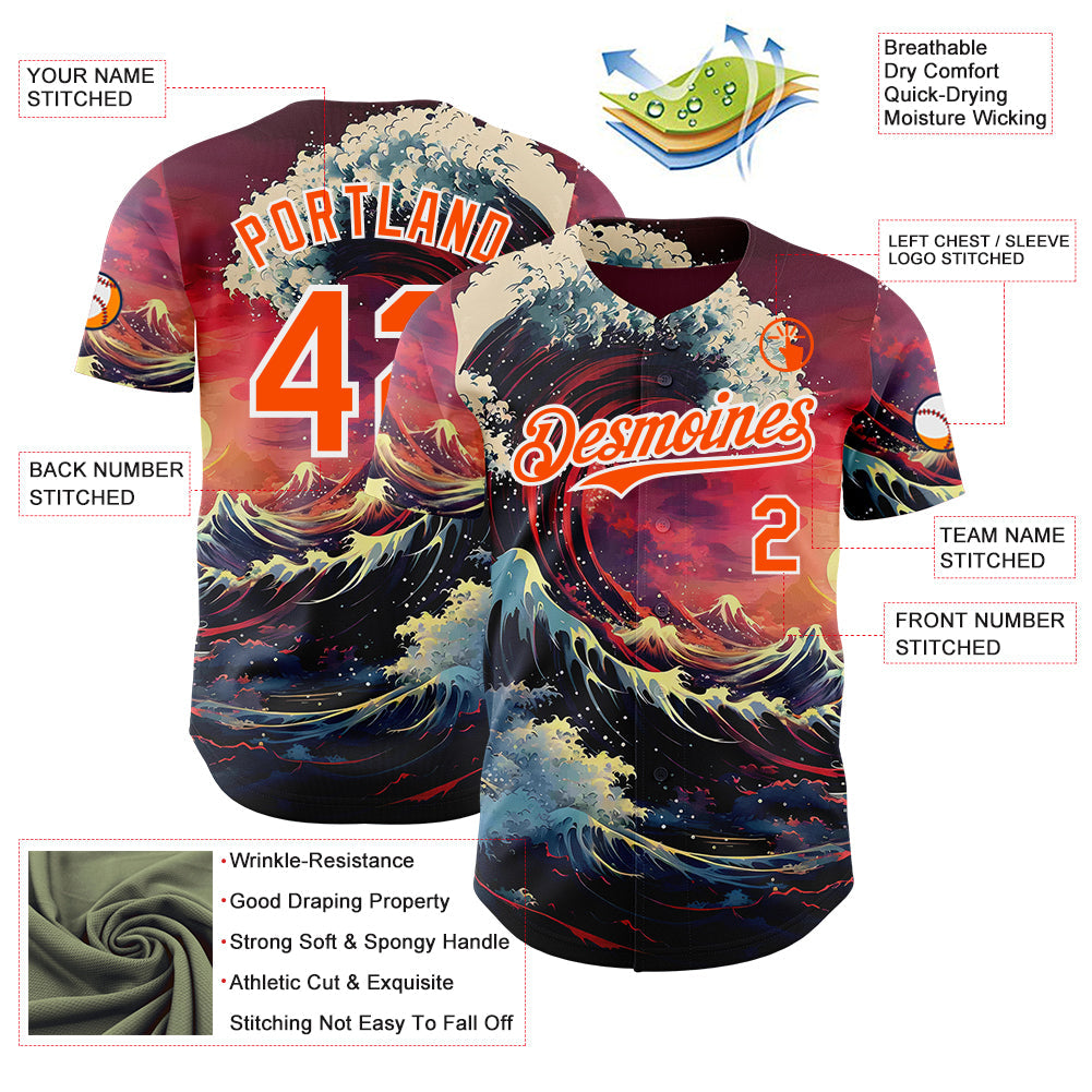 Custom Red Orange-White Japanese Wave Authentic Baseball Jersey view 3