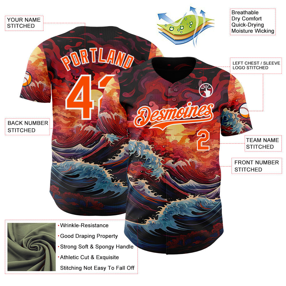 Custom Orange-White Japanese Wave Authentic Baseball Jersey view 3