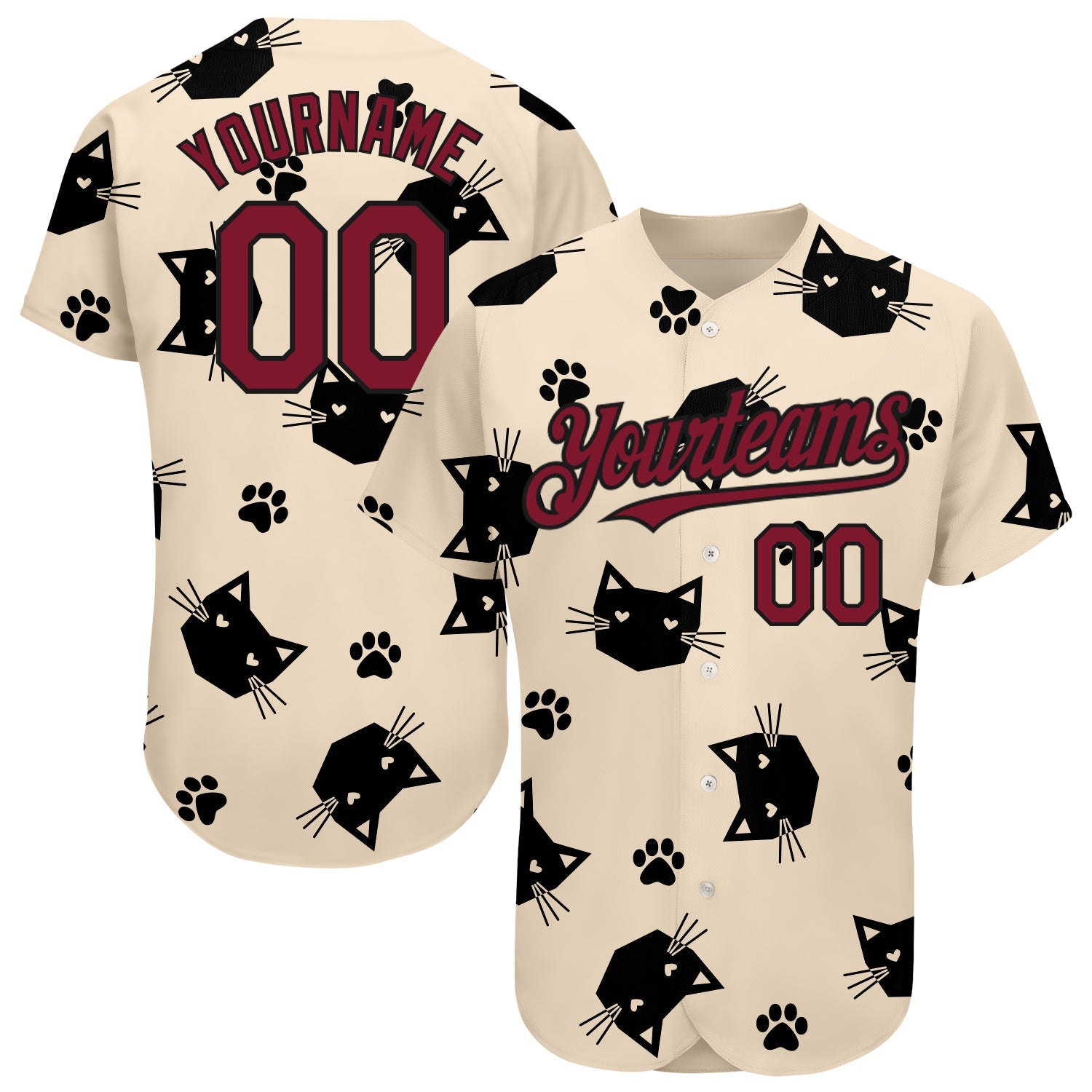Custom Cream Crimson-Black 3D Pattern Design Cat Authentic Baseball Jersey - Main View
