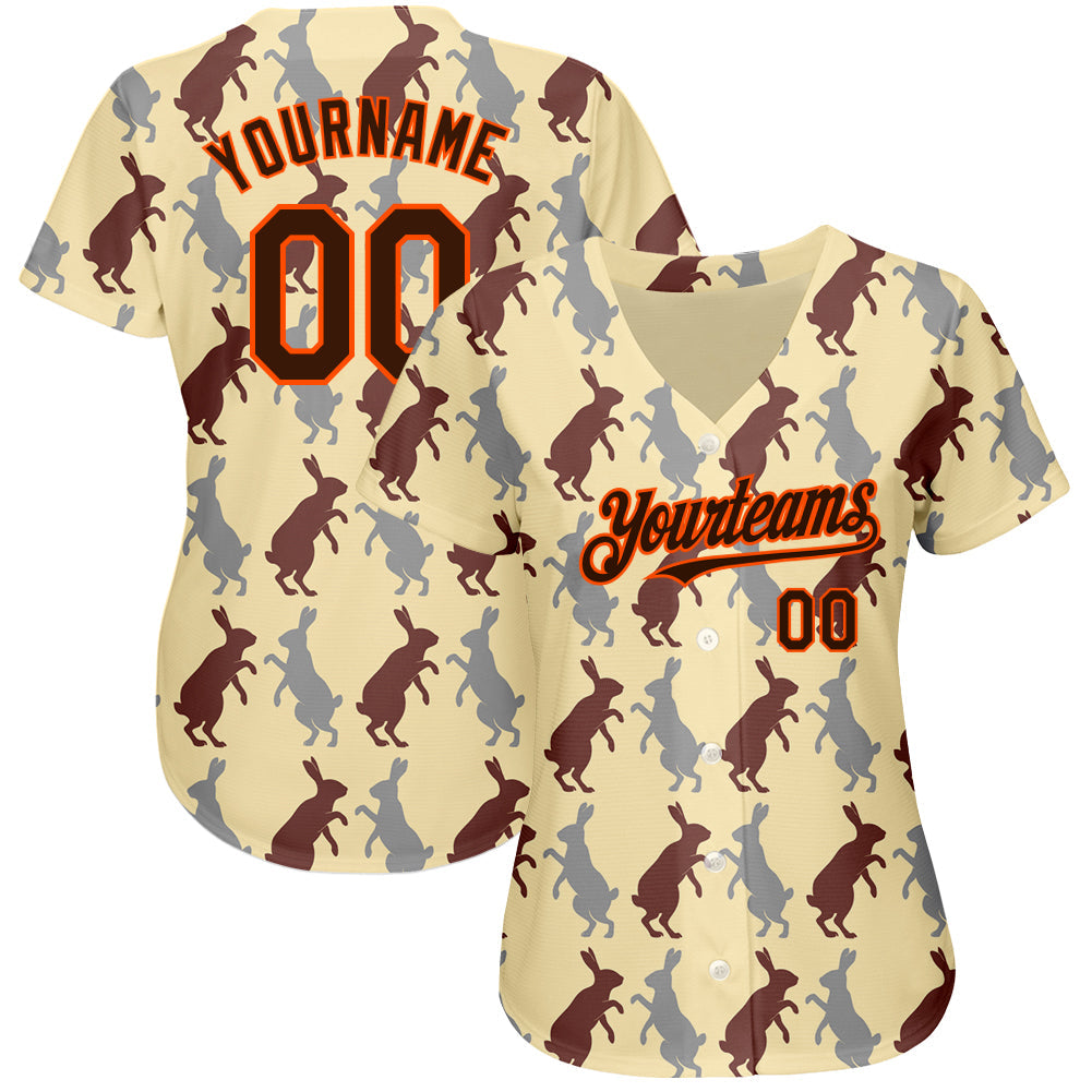 Custom City Cream Brown-Orange 3D Pattern Design Rabbit Authentic Baseball Jersey view 2