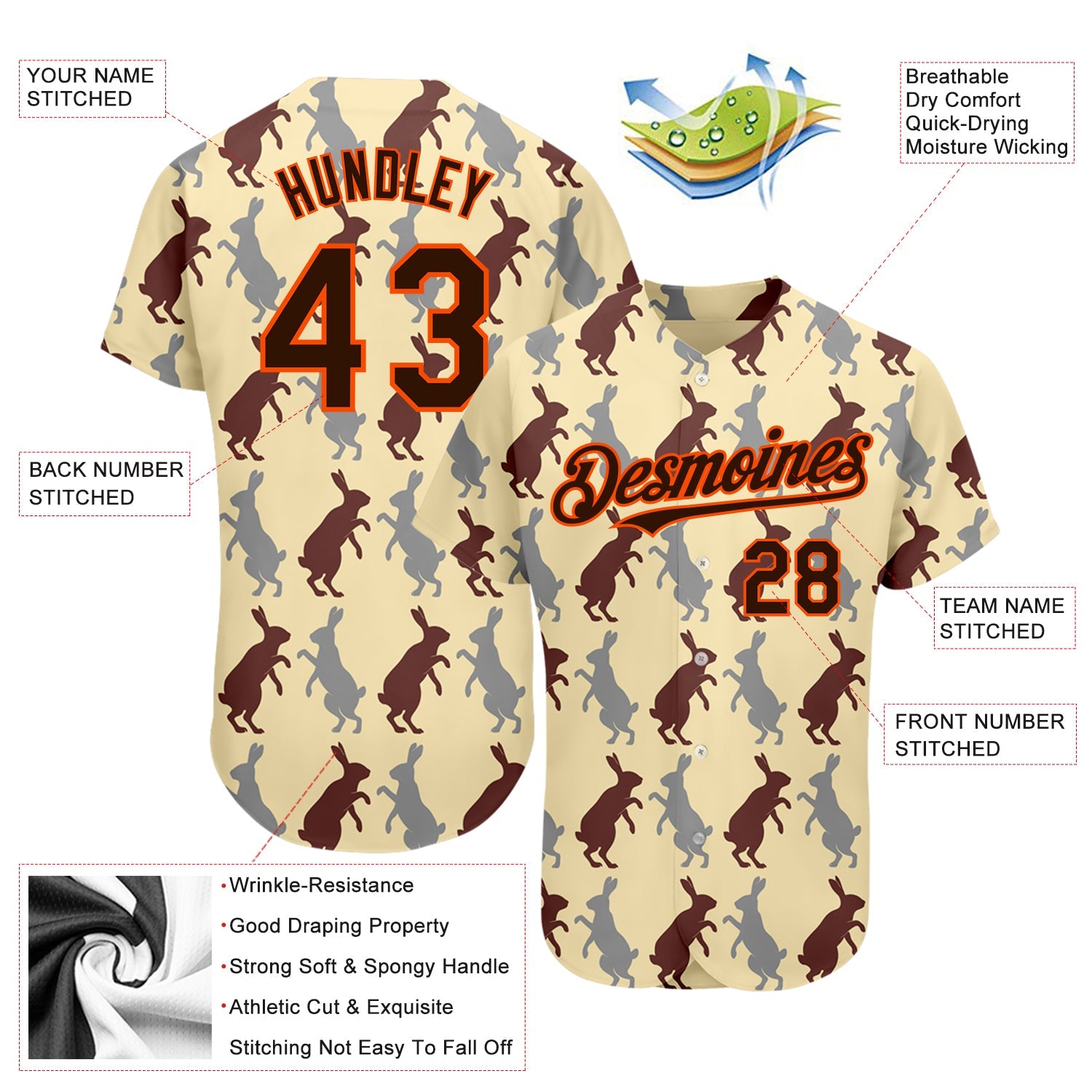 Custom City Cream Brown-Orange 3D Pattern Design Rabbit Authentic Baseball Jersey view 3