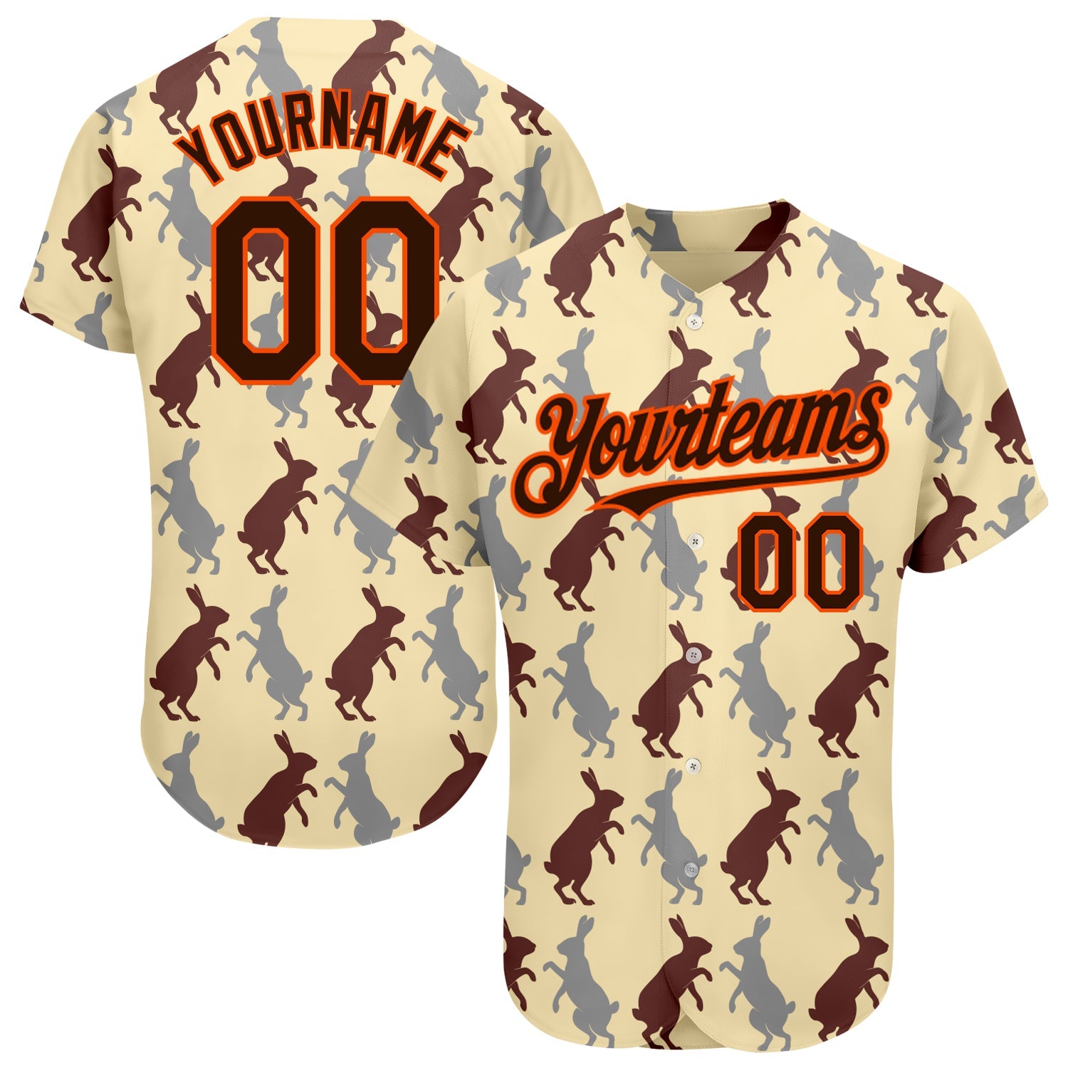 Custom City Cream Brown-Orange 3D Pattern Design Rabbit Authentic Baseball Jersey - Main View