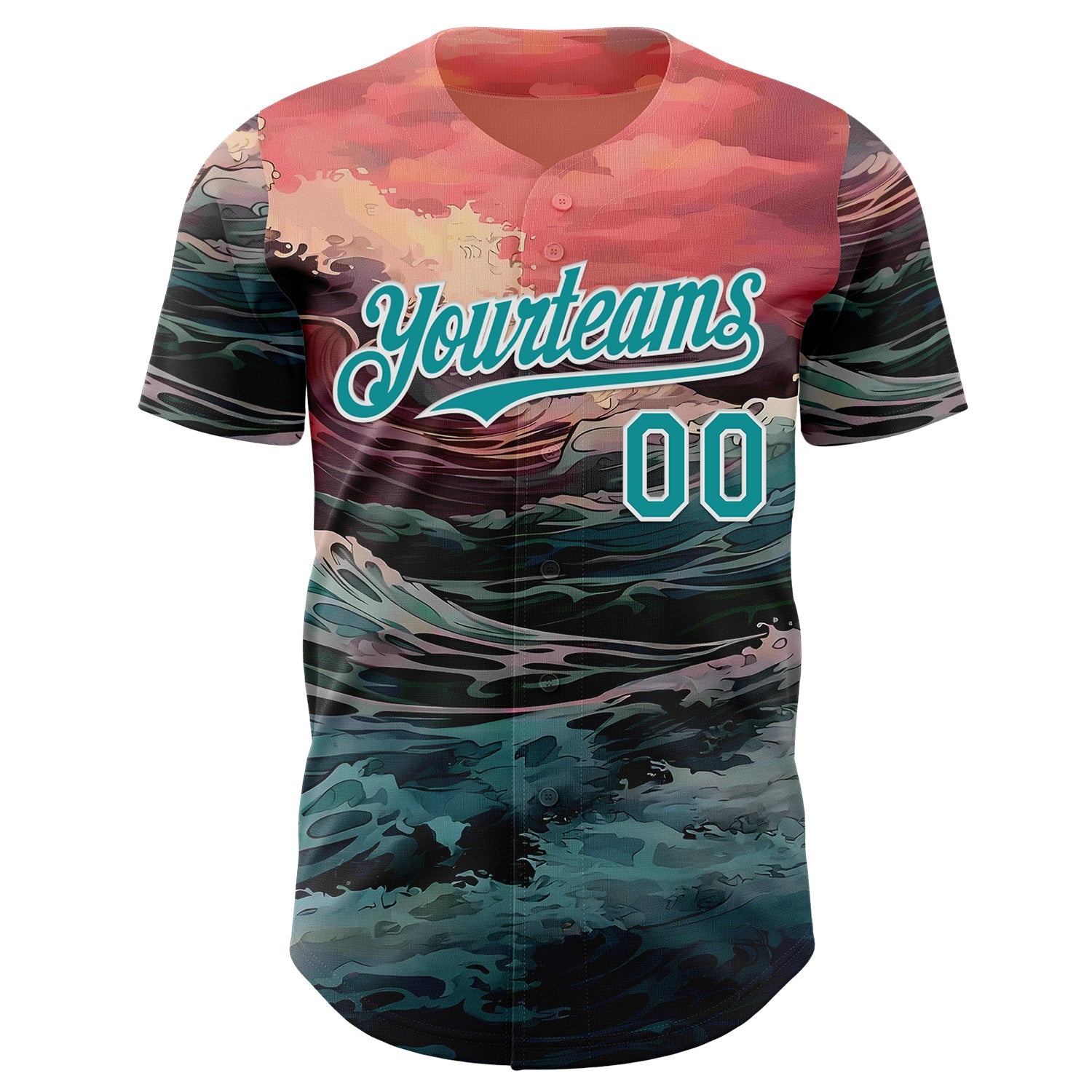 Custom Pink Teal-White Japanese Wave Authentic Baseball Jersey view 2
