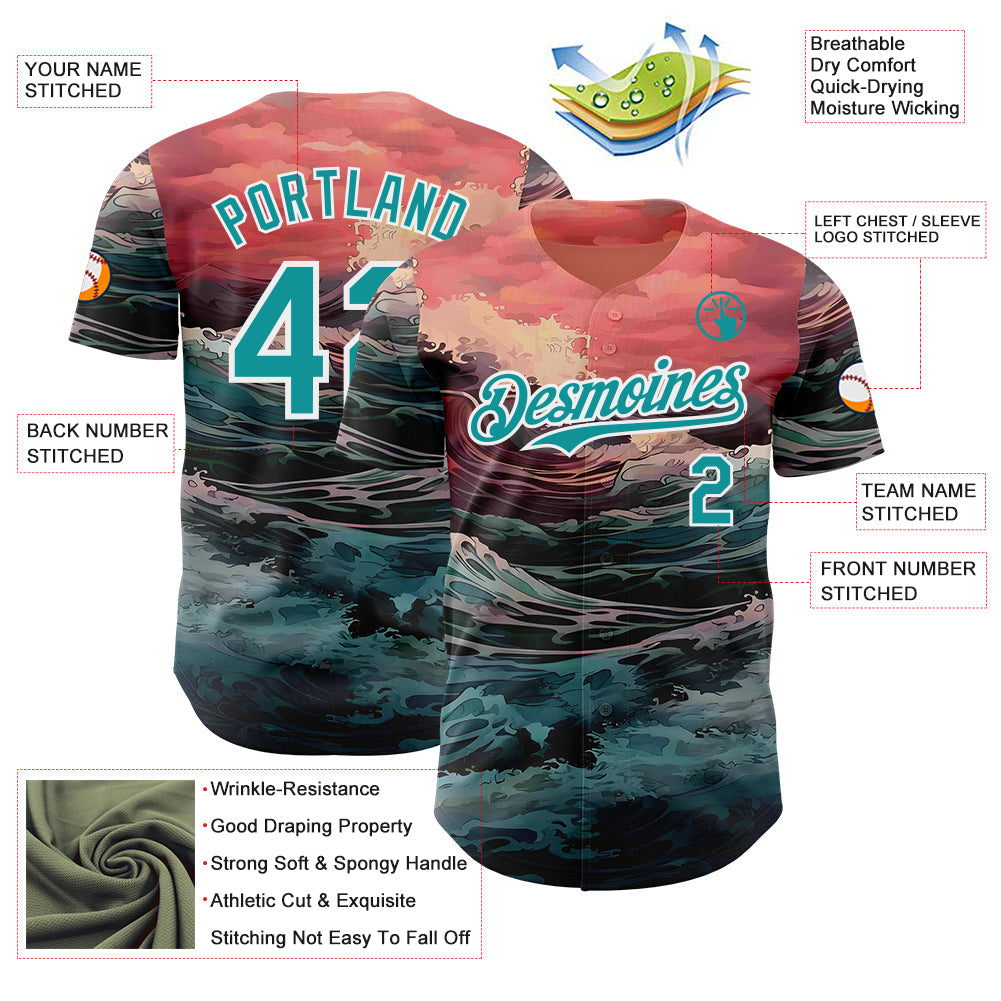 Custom Pink Teal-White Japanese Wave Authentic Baseball Jersey view 3